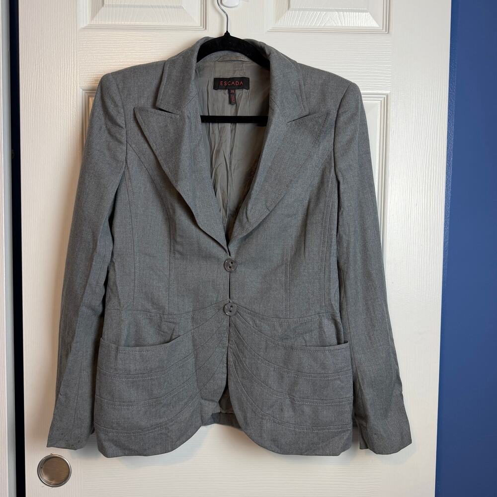 Escada Wool Blazer Women US 8 EU 38 Gray Ruched Pocket Tailored Jacket
